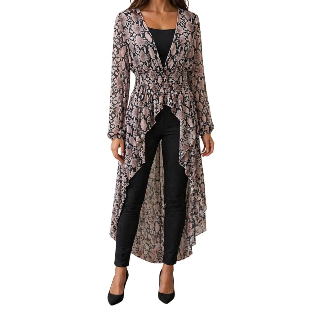 Shein Snakeskin High Low Kimono Smocked Waist Duster Top Size Large
